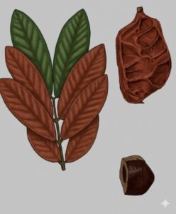 Feuilles: alternes, composées, pennées de trois à cinq paires de folioles opposées à limbe coriace recouvert dessous d'un feutrage soyeux roux.