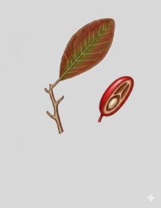 Feuilles: caduques, alternes, simples, entières, oblongues, à nervation fine seulement apparente à la face inférieure ainsi qu'une paire de fausses nervures paralléles à la nervure principale, jeunes feuilles rougâtres.Fleurs: Fruits: drupes rouge oblongue, noyau à trois loges dont une seule renferme une graine développée.