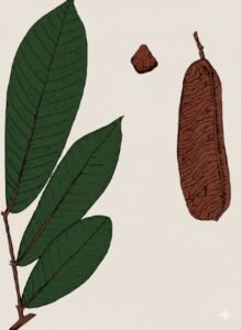 Feuilles: persistantes, alternes, composées pennées de deux à cinq paires de grandes folioles opposées coriaces, garnies de quelques glandes noirâtres sur le bord des limbes, quinze à vingt paires de nervures latérales, stipules lancéolées persitantes munies de deux oreillettes à la base.Fleurs: Fruits: gousses plates, ligneuses brunâtres, ridées transversalement, avec un des bords marqué d'une côte, revêtues de poils denses très courts.