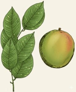 Feuilles: alternes, composées pennées de huit à vingt  folioles alternes oblongues, terminées en pointe, à limbe marqué de points translucides, à nombreuses nervures secondaires parallèles.Fleurs: Fruits: drupes en forme de mangue aplatie à chair fibreuse et noyau très dur.