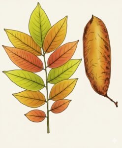 Feuilles: caduques, alternes, composées pennées de sept à onze de folioles alternes ou subopposées, allongées, à nervures secondaires bien visibles en dessous.