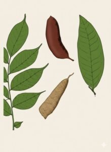 Feuilles: alternes, composées pennées de cinq à huit folioles alternes terminées par une longue pointe.Fleurs: Fruits: gousses oblongues duveuteuses, coriaces.