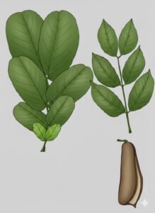 Feuilles: caduques, alternes, composées pennées à trois paires de folioles opposées munies d'un petit pédoncule, à limbe terminé en pointe.Fleurs: Fruits: grandes gousses ligneuses en forme de semelle avec un bords épaissi, dressées à angle droit sur le pétoncule, s'ouvrant à terre par deux valves coriaces à surface externe presque lisse.