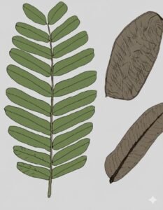 Feuilles: caduques, alternes, composées pennées de dix à douze paires de folioles opposées, sessiles, rectangulaires attachées par un angle au rachis légèrement poilu et creusé en gouttière en dessus, à sommet arrondi. Fleurs: Fruits: gousses plates brun grisâtre, à surface faiblement striée transversalement, à bord peu épaissi.