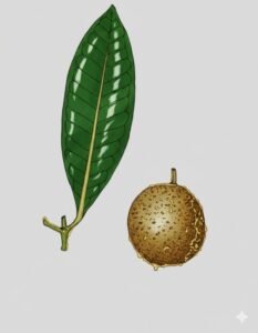 Feuilles: persistantes, opposées, simples à pétiole canaliculé, à limbe coriace vert foncé brillant à la surface supérieure, à très nombreuses nervures secondaires peu visibles, présence de latex jaune dans les nervures et le pétiole.. Fleurs: grandes, blanches. Fruits: drupes subglobuleuse, à surface verruqueuse brun jaunâtre, exsudant un abondant latex jaunâtre.