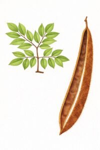 Feuilles: alternes, composées bipennées, à une paire de pennes opposées, formées de cind à dix folioles alternes, glabres , avec six à dix paires de nervures latérales peu accusées.