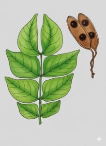 Feuilles: alternes, composées bipennées, à deux à quatre paires de pennes opposées, formées de deux à cinq paires folioles opposées, sessiles, glabre, de formes et dimensions variables, les deux folioles terminales falciformes, à quatre à six paires de nervures secondaires. 