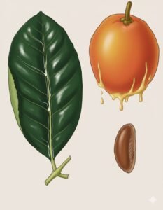 Feuilles: persistantes, opposées, simples à pétiole légèremet épaissi et ailé à la base, à limbe vert sombre brillant dessus, vert plus clair en dessous, à nervures secondaires parallèles nombreuses peu visibles, présence de latex blanc dans les nervures médianes et le pétiole.Fleurs: blanc verdâtre.Fruits: baies globuleuse jaunes rougeâtre, lisses veloutées, exsudant un latex abondant jaunâtre.