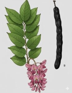 Feuilles: alternes, composées pennées, neuf à treize folioles alternes terminées en pointe.Fleurs: grandes grappes pendantes rosées.Fruits: longues gousses cylindriques noires à surface vernissée, un peu bosselées, indéhiscentes.