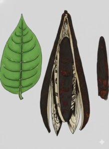 Feuilles: caduque, alternes, composées pennées, à huit à vingt-quatre paires de folioles opposées, nervure médiane duveuteuse en dessus, à nervures latérales saillantes en dessous avec des touffes de poils à leur aisselle.