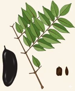 Feuilles: alternes, composées bipennées de deux à quatre paires de pennes opposées portant chacune huit à seize folioles alternes ovales, pointu au sommet, habituellement glabres.Fleurs: Fruits: gousses plates oblongues arrondis aux deux etrémités noires lisse, s'ouvrant par deux valves ligneuses peu épaisses.