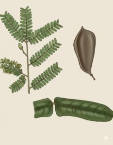 Feuilles: caduques, alternes, composées pennées de dix à douze paires de folioles opposées, sessiles, en forme de rectangle à base tronquée paralléle au rachis l'égèrement poilu, à sommet arrondi ou très légèrement échancré. Par transparence point translucide prés de la base de la foliole.Fleurs: Fruits: gousses brun grisâtre, lisse, avec un bord épaissi, se terminant en pointe peu marquée.