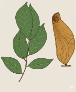 Feuilles: alternes, composées pennées, ciq à neuf folioles alternes, les supérieures parfois subopposées, terminées en pointe, à nervures secondaire presqu'invisibles. Fleurs: Fruits: samares légèrement falciformes, brun jaunâtre à maturité