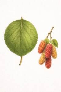 Feuilles: caduques, alternes, simple, presque circulaire en coeur à la base, rugeuses à la face supérieur, papyracées, à pétiole long et pubescent.