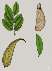 Feuilles: alternes, composées pennés six à dix folioles alternes à limbe ponctué de points translucides, à réseau de nervures et de nervilles finement saillant sur les deux faces.