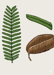 Feuilles: alternes, composées pennées quinze à vingt paires de folioles opposées rectangulaires, légèrement échancrées au sommet.Fleurs: Fruits: gousses plates, brun brillant, s'ouvrant à terre en deux valves portant une nervure longitudinale sinueuse faiblement marquée.