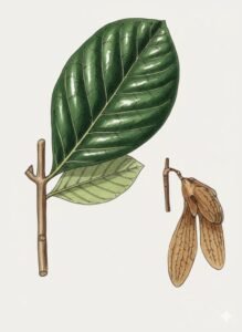 Feuilles:  opposées simple, coriaces luissantes à la face supérieure, mate à la face intérieure, à 5 à 10 paires de nervures saillantes sur les deux faces, àréticulation fine et apparente aussi sur les deux faces.