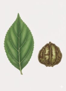 Feuilles: alternes simples terminées en pointe, à base ronde ou en coeur, à limbe denté couvert de poils gris dessous, cinq à six paires de nervures latérales dont une basilaire.