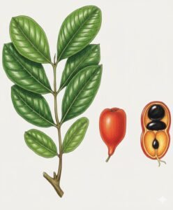 Feuilles: persistantes, alternes, composées pennées de trois à quatre paires de folioles alternes ou opposées à nervure médiane en creux dessus, de huit à quatorze paires de nervures latérales.