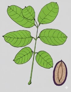 Feuilles: alternes, composées, pennées, à trois paires de folioles opposées plus une foliole terminale, à pétiolules épais renflés aux deux extrémités, à limbe glabre, de sept à douze paires de nervures latérales.