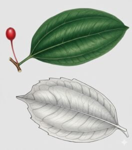 Feuilles: caduques alternes simples, vertes foncée sur l'arbre, grises luisante à terre, glabres, de dimensions variables, généralement dentées dans leur tiers supérieur, à nervures très saillantes à la face inférieur avec une paire de nervures basilaires ascendantes atteignant le somet, pétiole d'environ 10 mm.