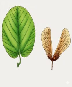 Feuilles: caduques, alternes, simples, grandes, à limbe largement elliptique en coeur à la base, denticulé sur les bords, généralement glabre à cinq à sept paires de nervures à la base et cinq à six paires de nervures latérales, à pétiole.