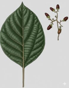 Feuilles: alternes, simples, largement ovales, à limbe entier, mais parfois denté, arrondi à la base et terminé en pointe, couvert de petits poils à la face inférieure, à environ quatre paires de nervures secondaires proéminentes dessous, la paire inférieure étant basilaire, à réseau caractéristique de nervilles parallèles saillantes, à long pétiole grèle.