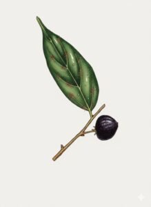 Feuilles: alterne simple terminées en pointe,coriaces, très asymétriques touffes de poil sur la face inférieure, à l'aisselle des nérvures secondaire des fines gouttelettes résineuses, trois paires de nervures latérales dont un basilaire ascendante.