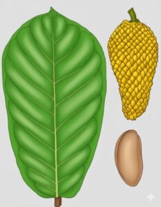 Feuilles: persistantes, alternes, simple à pétiole court épais, courbé, limbe terminées en pointe, à nervure médiane saillante dessous.