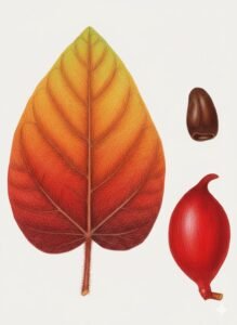 Feuilles: caduques, alternes, simples, coriaces, à limbe adulte entiérement glabre devenant roussâtre sec, à base large en coeur, à pétiole, sept à neuf nervures pennées non basiliares le long de la médiane.