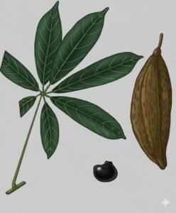 Feuilles: caduques, alternes, composées digitées de sept à neuf folioles, à nervure médiane saillante sur les deux faces.