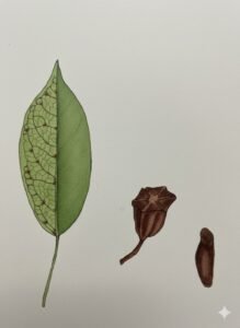 Feuilles: caduques, alternes, simples, à limbe étroit terminé en pointe, glabres, à cinq à neuf paires de nervures secondaires portant des touffes de poils à leur aisselle en dessous, à pétiole grêle.