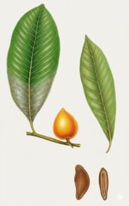 Feuilles: persistantes, alternes simple grandes, à feutrage roussâtre puis argenté à la face inférieure, à très nombreuses nervures latérales proèminantes dessous.