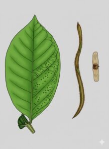 Feuilles: opposées, composées pennées de trois à quatre paires de folioles opposées plus une foliole terminal, et une paire de folioles rudimentaires de forme arrondie à la base du pétiole, limbe glabre et criblé en dessous de points glanduleux.