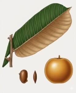 Feuilles: alternes simple, à pétiole court, densément feutrées fauves avec des reflets soyeux argentés en dessous, onze à dix-huit paires de nervures latérales proéminantes en dessous.