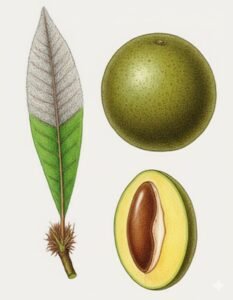 Feuilles: caduque en début de la saison des pluies, quand l’arbre fleurit, alternes simple, à limbe terminé en pointe,  d’abord velu dessous puis glabre sauf quelques poils roux persistants sur la nervure médiane, celle-ci et les nombruses nervures secondaires étant saillantes en dessus. 