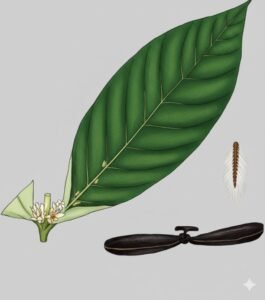 Feuilles: persistantes, opposées, simples, terminées par une pointe, bordure du limbe ondulé, à la face supérieur vert sombre, à face inférieur vert clair avec des petites glandes à l'aisselle et des nervures secondaires en dessous, latex présent dans le pétiole et les nervures. 