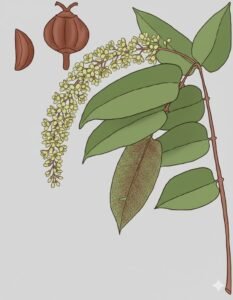 Feuilles: alternes grandes, composées pennées de quatre à dix paires de folioles, terminées en pointes, garnis de poils roux dessous.