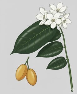 Feuilles: opposées, simples, terminées en pointes, à limbe épais, luisantes en dessus, à nombreuses nervures latérales paralléles peu visibles.