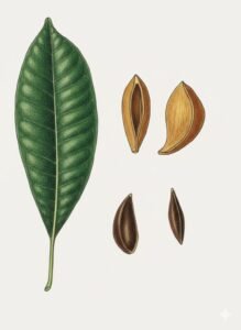 Feuilles:alternes simple, à bord du limbe replié intérieurement, nervure médiane saillante en dessous, dix  paires de nervures latérales peu visibles avec des nervures intermédiares paralléles.Fruits: follicules ligneux renflés et pointus, à base recourbée, brun jaunâtre, s’ouvrant latéralement.Graines: une par fruit, plate, à tégument dur brun brillant, à cicatrice linéaire sur toute la longueur de la face ventrale.