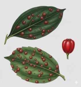 Feuilles: alternes simples terminées en pointe, à bord du limbe souvent roulé, à marge soit entiére , soit munie de larges dents dans la partie supérieure, très coriace, à nervure médiane en gouttière dessus, proéminante dessous, la paire de nervures basiliaire ascendantes, surface du limbe presque toujours piquetés de grosses galles.