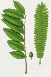 Feuilles: alternes, composées pennées, folioles alternes, à rachis long en général inerme, folioles pétiolulées à base fortement asymétrique, marge du limbe entiére, à nervures secondaires ne se rejoignant pas au bord du limbe.