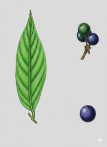 Feuilles: persistantes, alternes, simple, terminées en pointe, de cinq à onze nervures latérales.