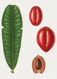 Feuilles: alternes, composées pennées à rachis, quatre à six paires de folioles opposées plus une foliole términale, à sommet tronqué ou légérement échancré, à limbe coriace, luissant en dessus, mat en dessous, avec une dizaine de nérvures latérales perpendiculaires à la médiane peu visibles.