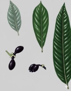 Feuilles: persistantes, alternes, simple à pétiole, limbe terminées en pointe, à face supérieur luisante et face inférieur glauque, à nervure médiane saillante dessous, de huit à quinze paires de nervures latérales.