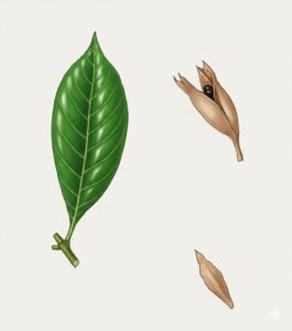 Feuilles: opposées, simple terminées en pointes, à pétiole; neuf à seize paires de nervures secondaires.