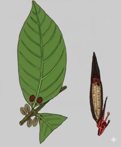 Feuilles: caduques, opposées, composées pennées de quatre à huit paires de folioles opposées plus une foliole terminal, terminées en pointe, asymétriques à la base, avec une paire de folioles rudimentaires caduque ovales garnies de poils, à pétiole renflé à la base et canaliculé, base du limbe garnie de deux larges glandes circulaires à la face supérieur.