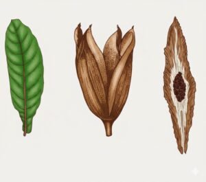 Feuilles: verticillées par trois souvent terminées en pointe, à pétiole, base du limbe obtuse ou cordée, dix à vingt paires de nervures secondaires.